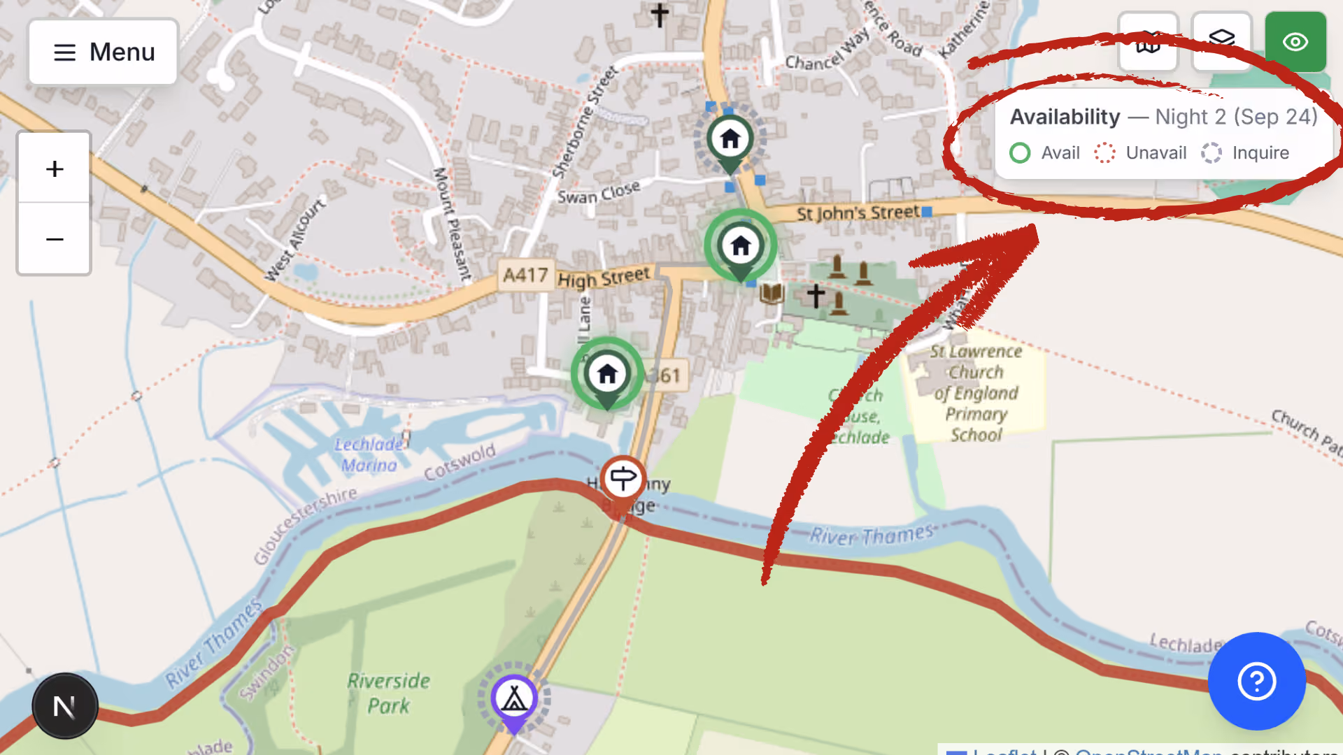 Thames Path Planner map showing accommodation near Lechlade with live availability for each night